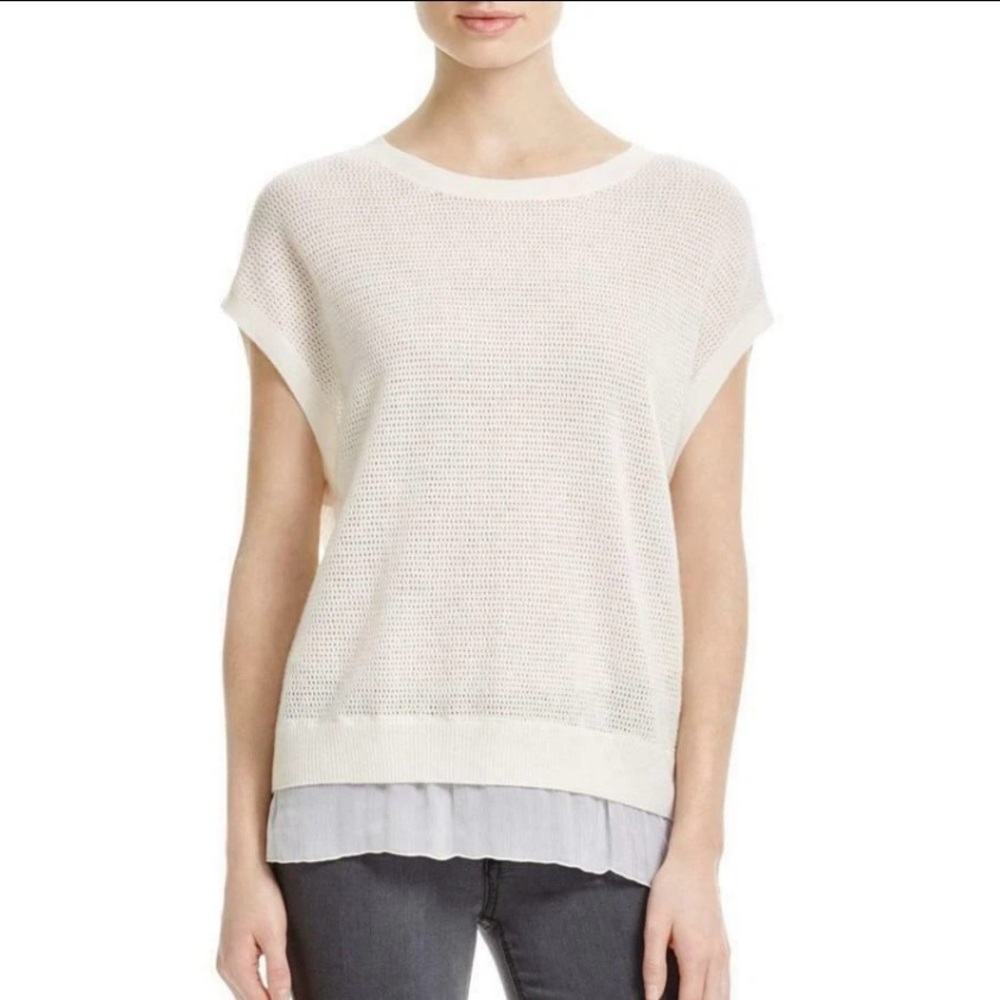 Vince Mixed Media Wool Cashmere Mesh Sweater Tank with Silk Trim
